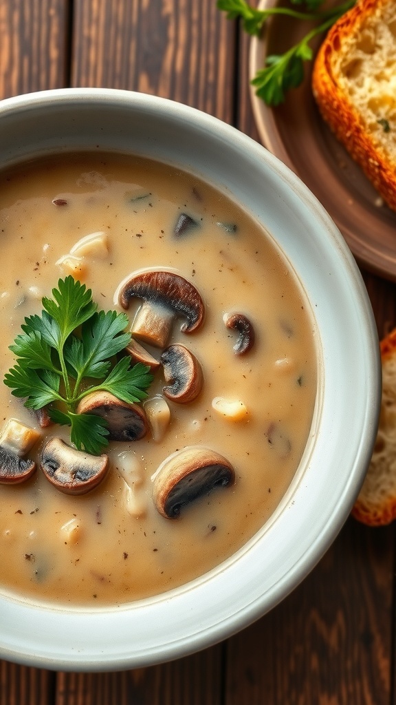 A bowl of creamy mushroom soup with parsley garnish and crispy garlic bread on a wooden table.